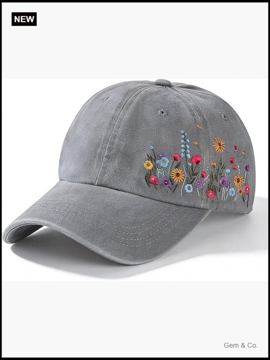Embroidered Floral Baseball Cap Adjustable Breathable Cotton Hat for Women